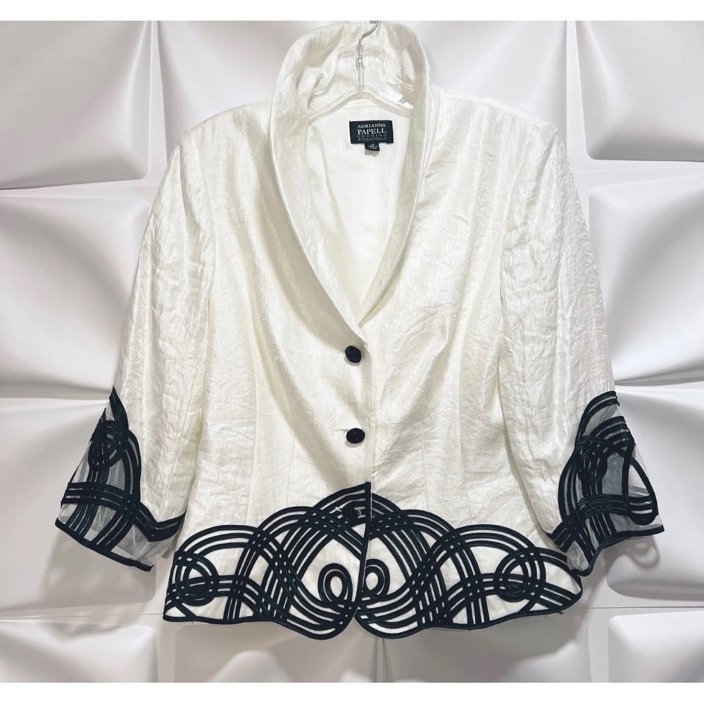 Adrianna Papell Evening Womens Sz 10 Metallic Ivory Black Soutache Blazer Jacket